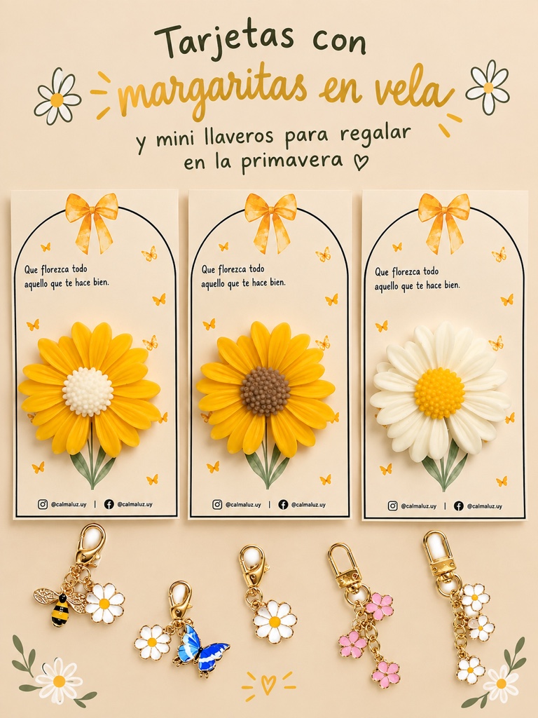Tarjetas margaritas velas y mini llaverito