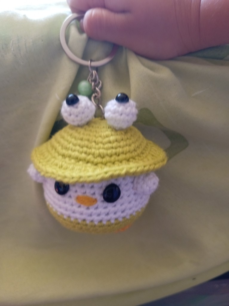 Pollito con sombrero de ranita