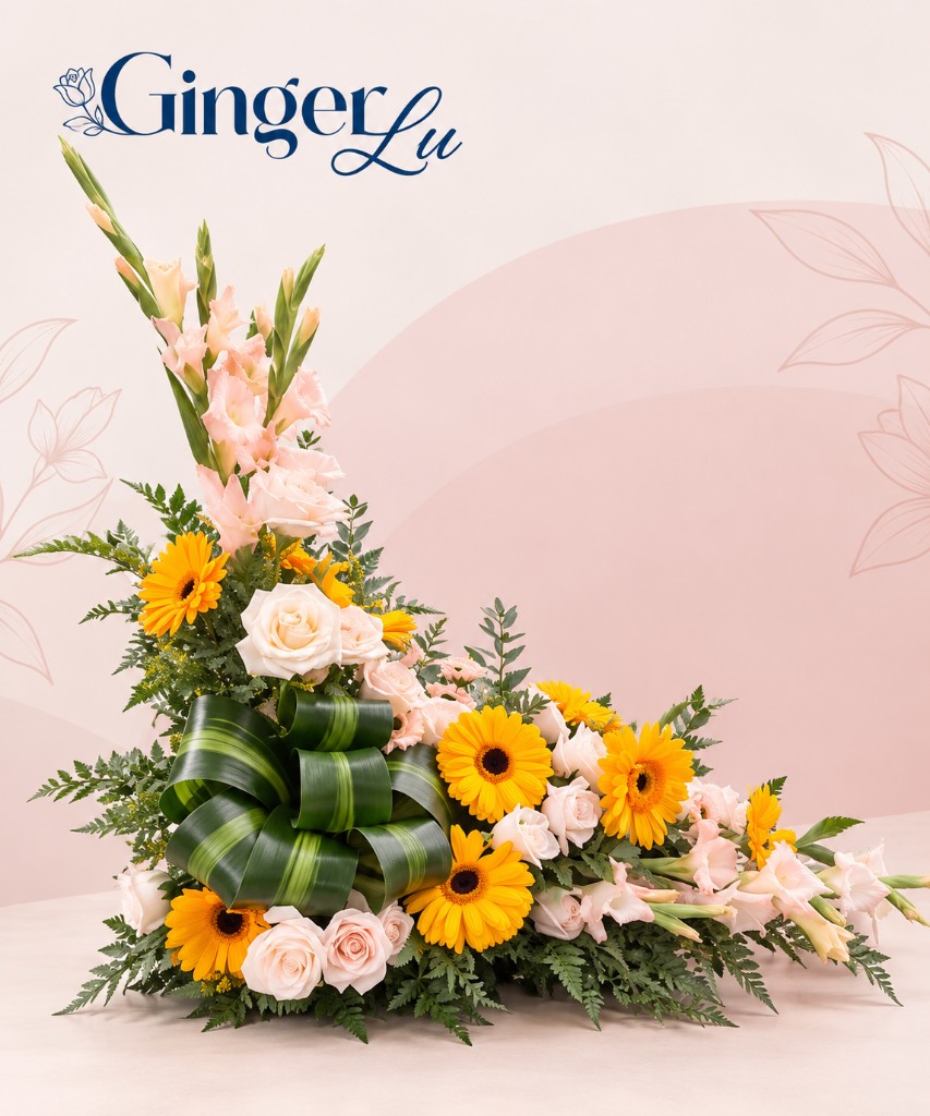 Arreglo floral en L de rosas y gerberas
