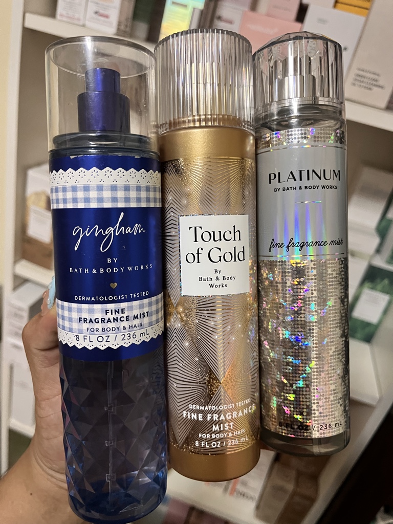 Body mist platinum, touch of gold y gingham