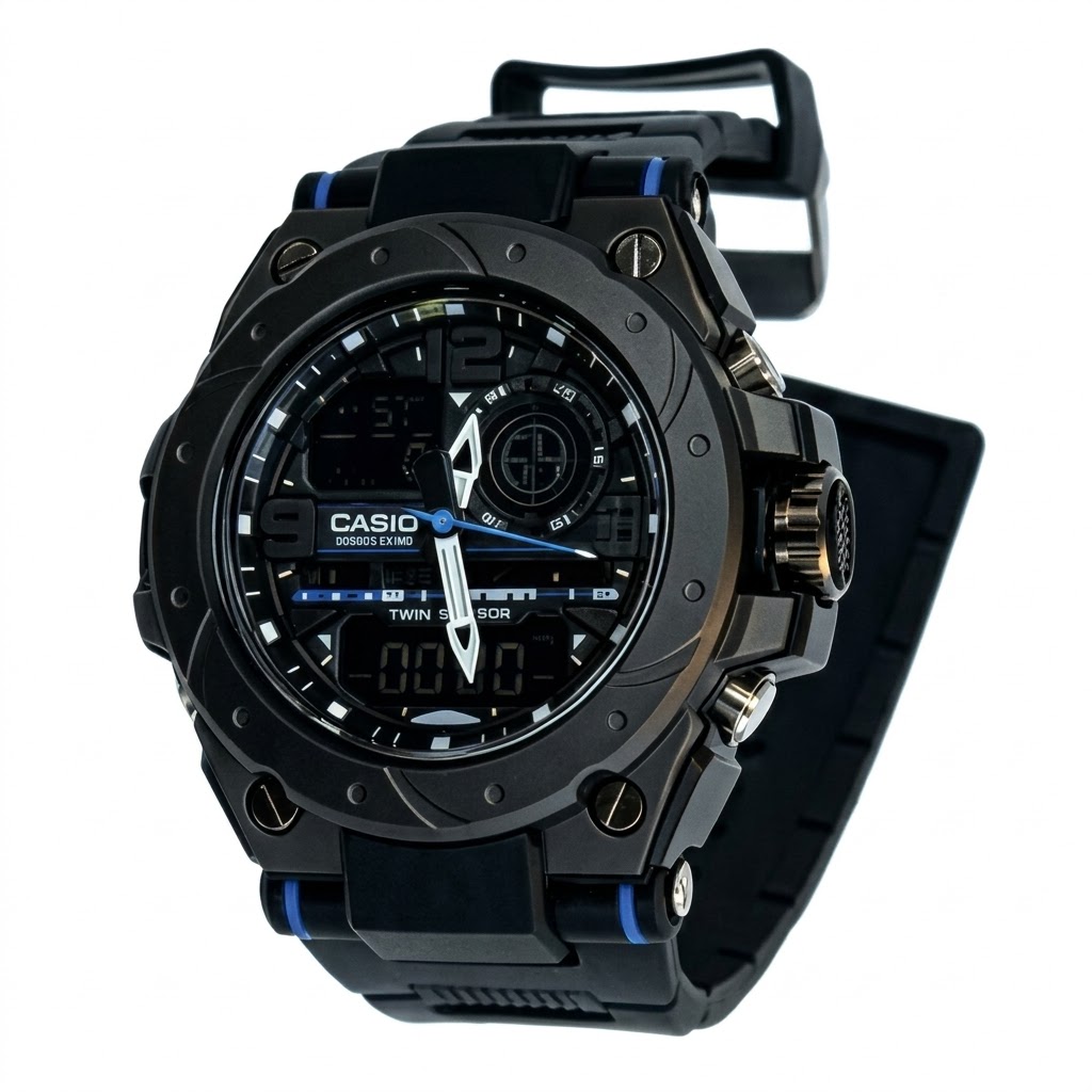 CASIO PARA CABALLERO #CF correa negra bisel negro detalles azules