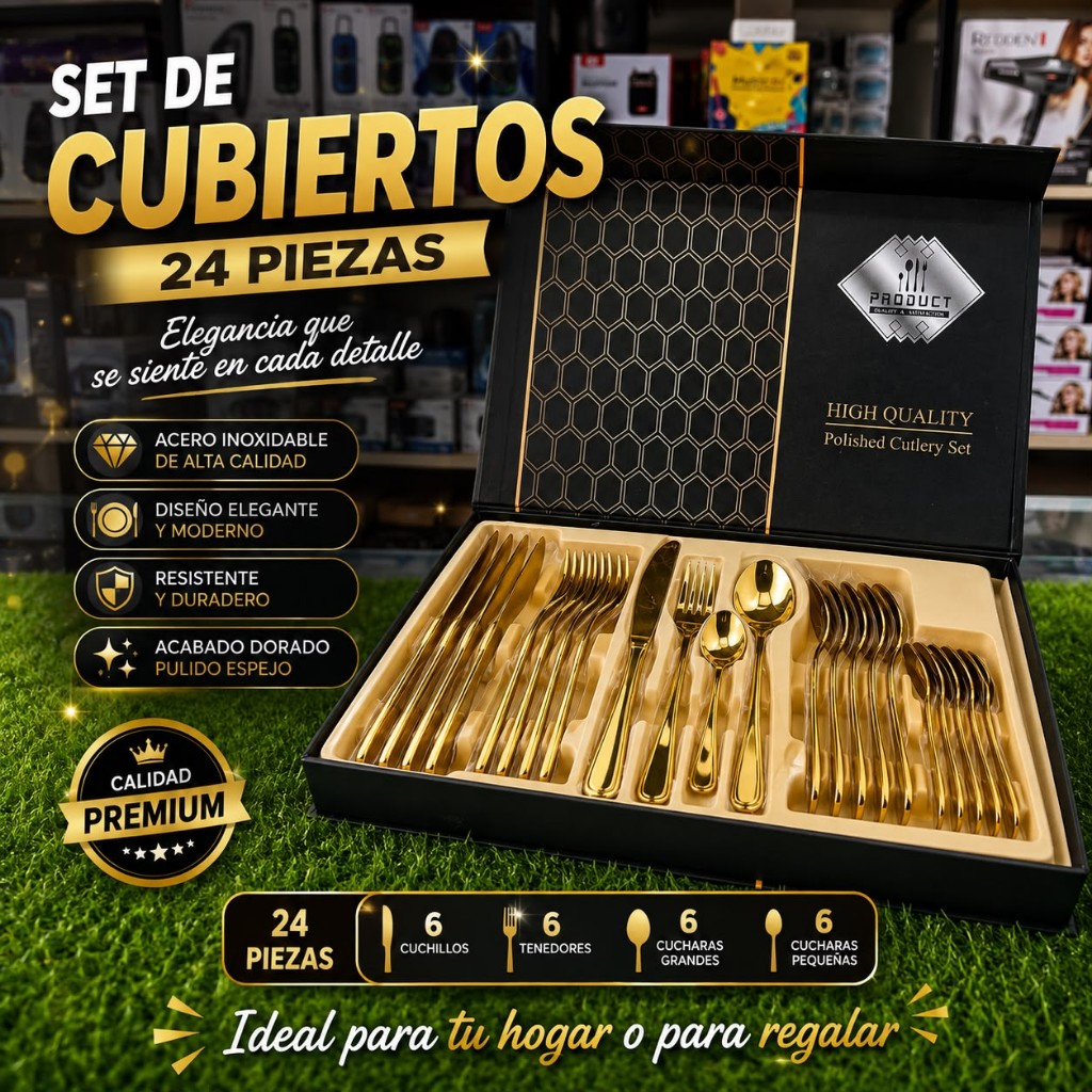 Set de cubiertos en acero inoxidable plateado y dorado