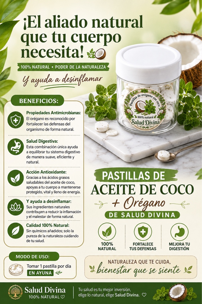 Salud Divina pastillas aceite de coco y orégano