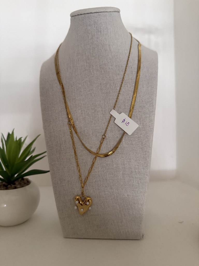 Cadena doble de corazón chapado en oro