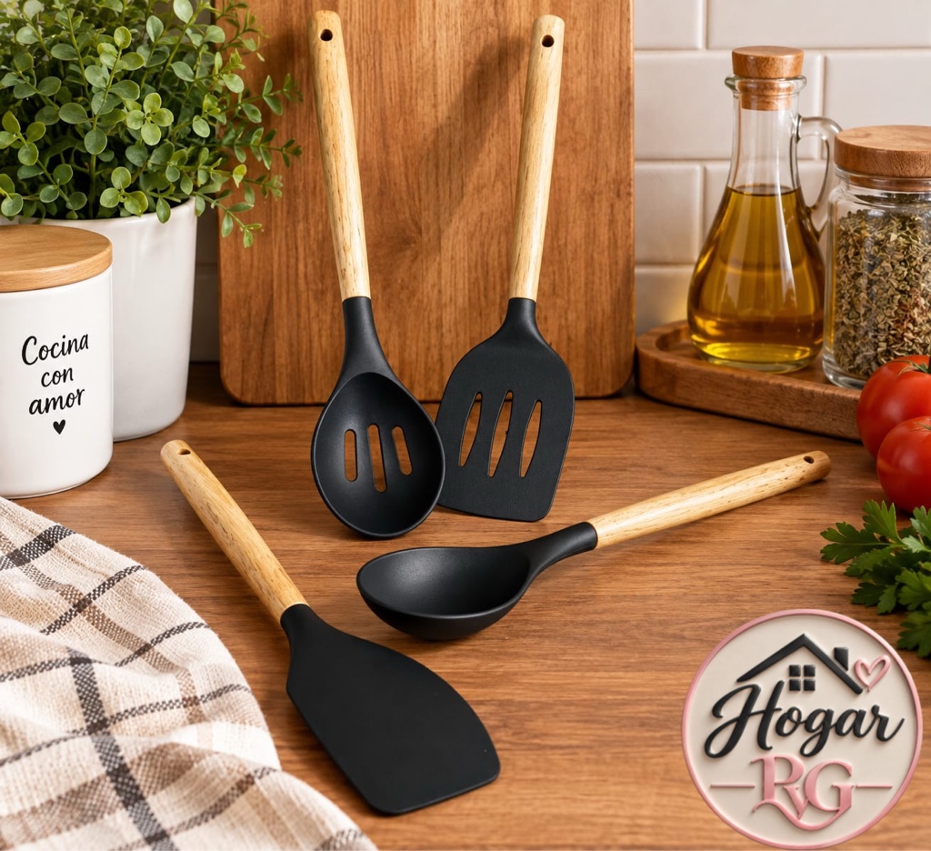 Set de Utensilios de Silicona con Mango de Madera