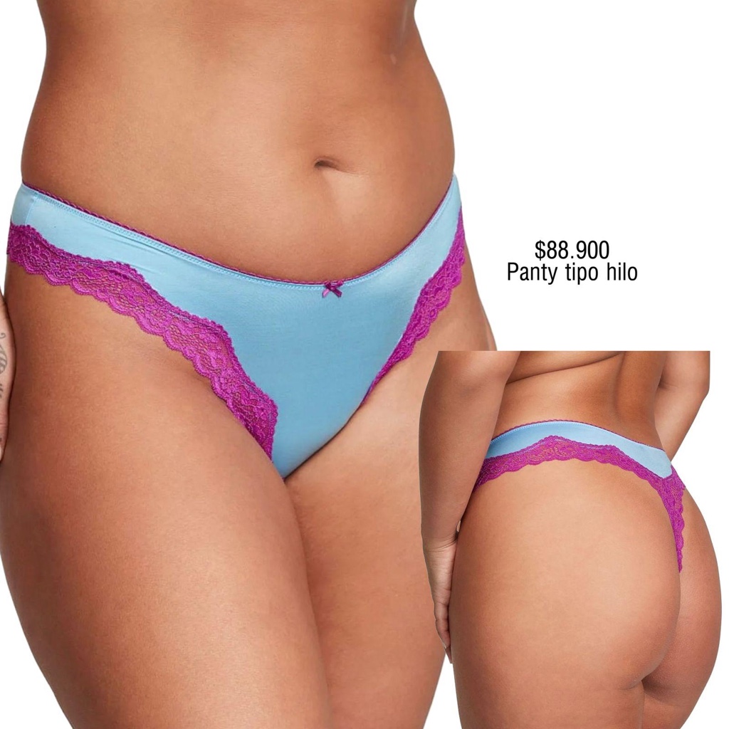 PANTY VS THONG STRING AZUL BRILLANTE BORDES LILA