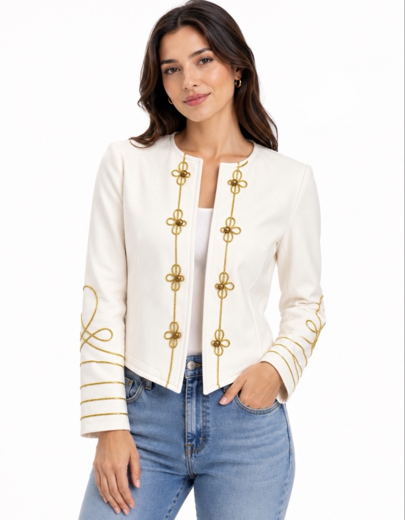CHAQUETA COLOR BLANCO APLIQUES DORADOS