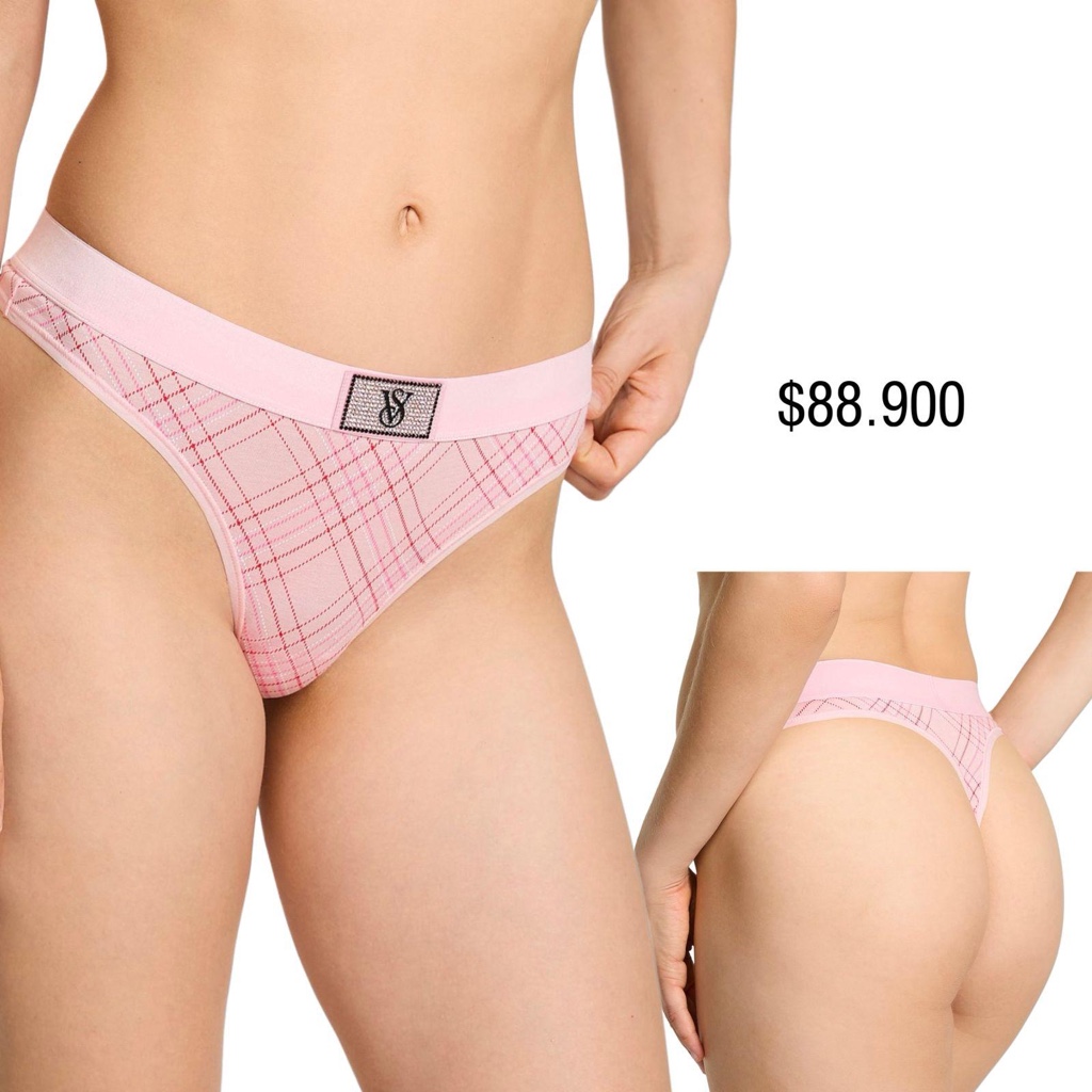 PANTY VS THONG ROSADO CUADROS LOGO SHINE