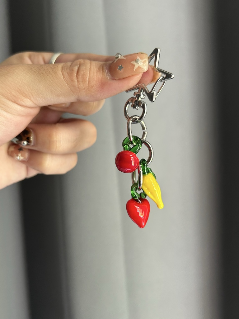 Llavero vidrio soplado tomate, elote, corazón.