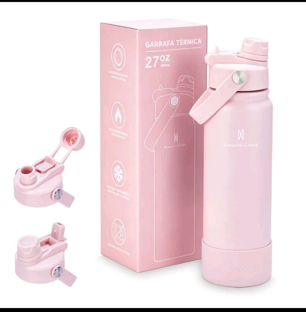 Garrafa  Térmica 800ml rosa aço inox 304 Grande capacidade com 2 formas de beber para viagens e esportes