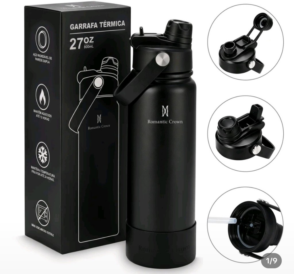 Garrafa  Térmica 800ml preta aço inox 304 Grande capacidade com 2 formas de beber para viagens e esportes