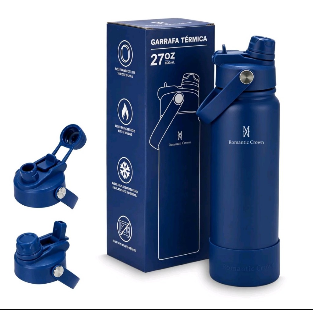Garrafa  Térmica 800ml azul aço inox 304 Grande capacidade com 2 formas de beber para viagens e esportes
