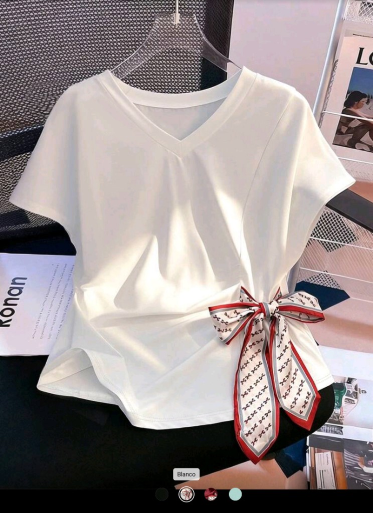 Franclia Nueva llegada Primavera/Verano Camiseta de mujer de manga corta blanca con lazo lateral