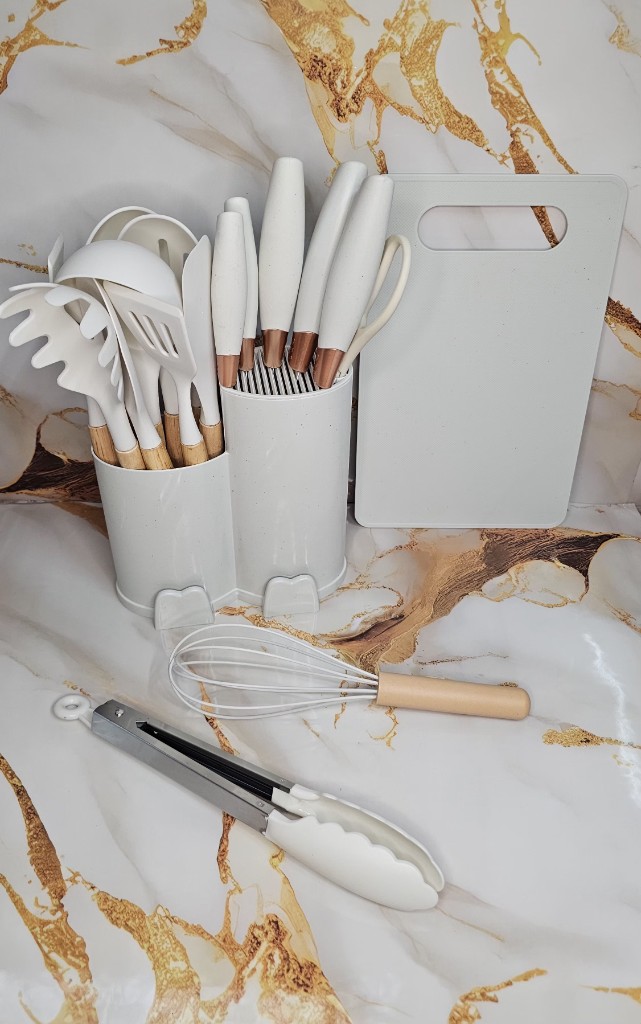 Juego de utensilios para cocina de silicón y madera