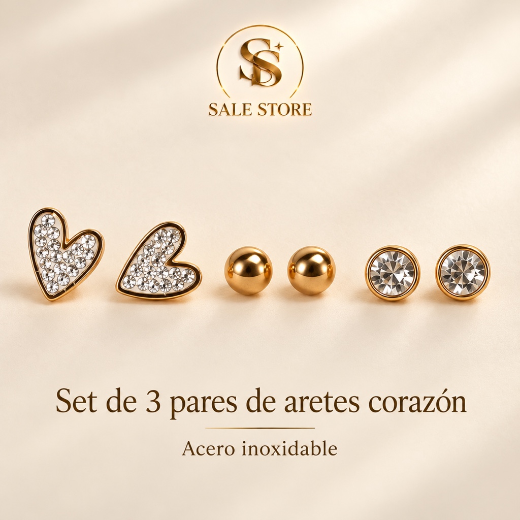 Aretes corazon dorados set 3 pares
