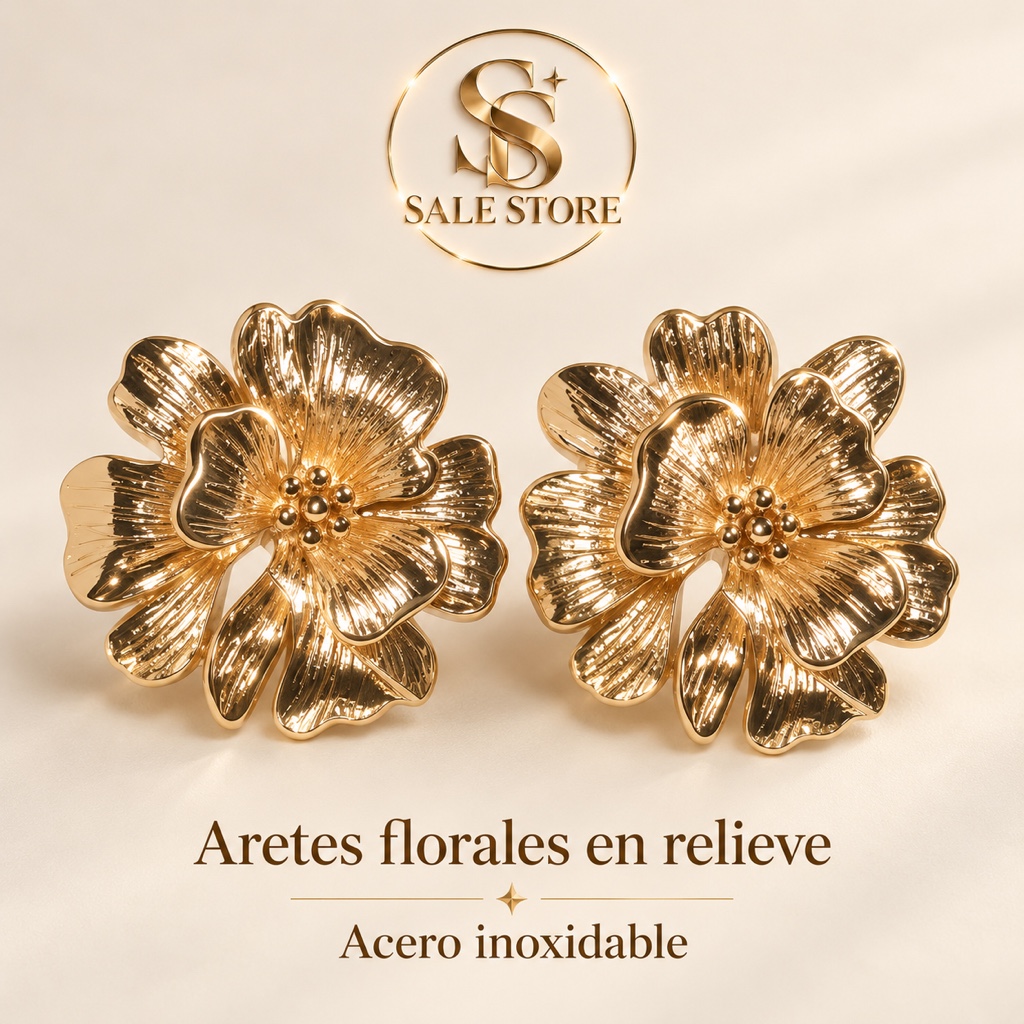 Aretes florales dorados en relieve