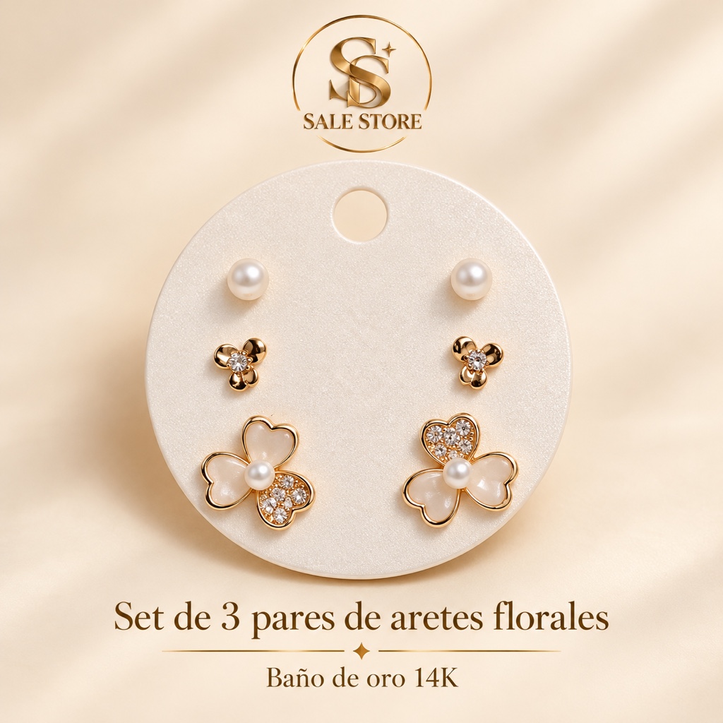 Aretes florales dorados baño de oro 14K
