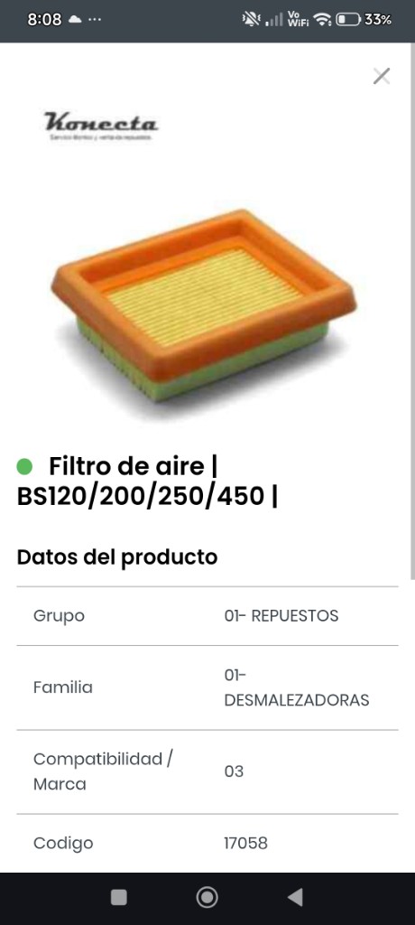 Konecta filtro de aire BS120/200/250/450