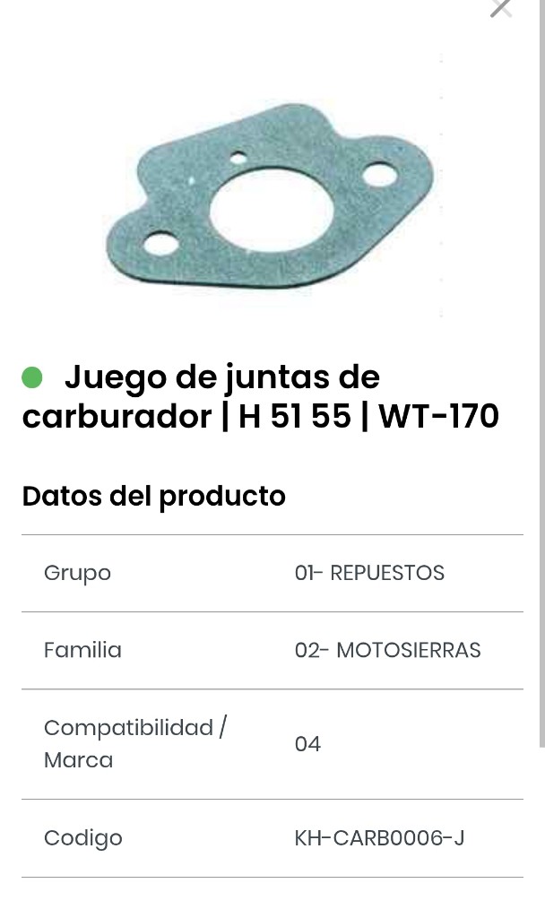 Juego de juntas carburador H51 55 WT-170