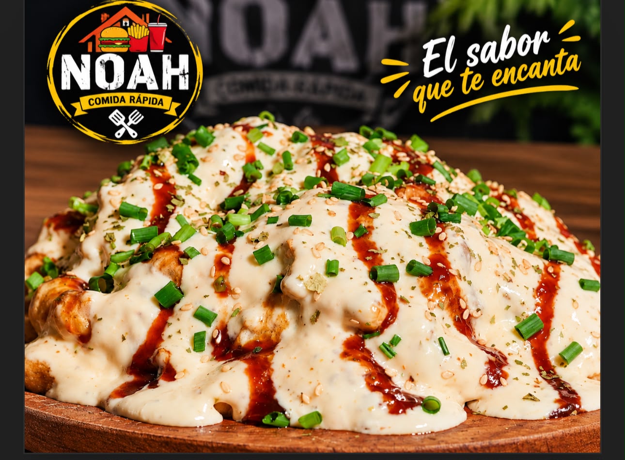 Plato de comida rápida con salsa blanca y toppings