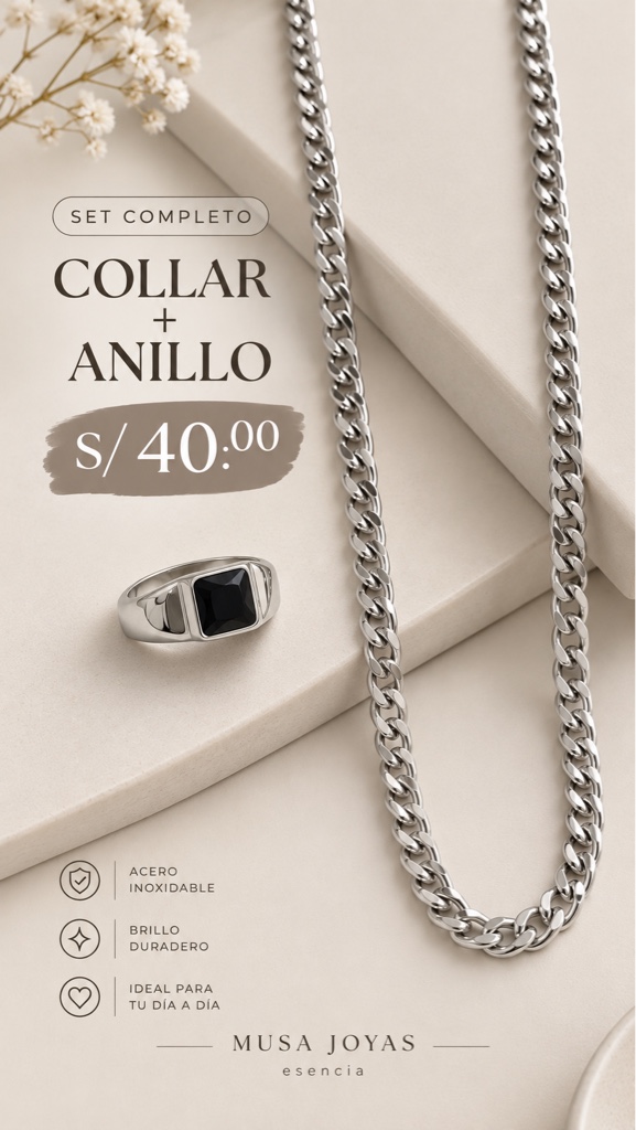 Set de Collar + Anillo plateado Varón
