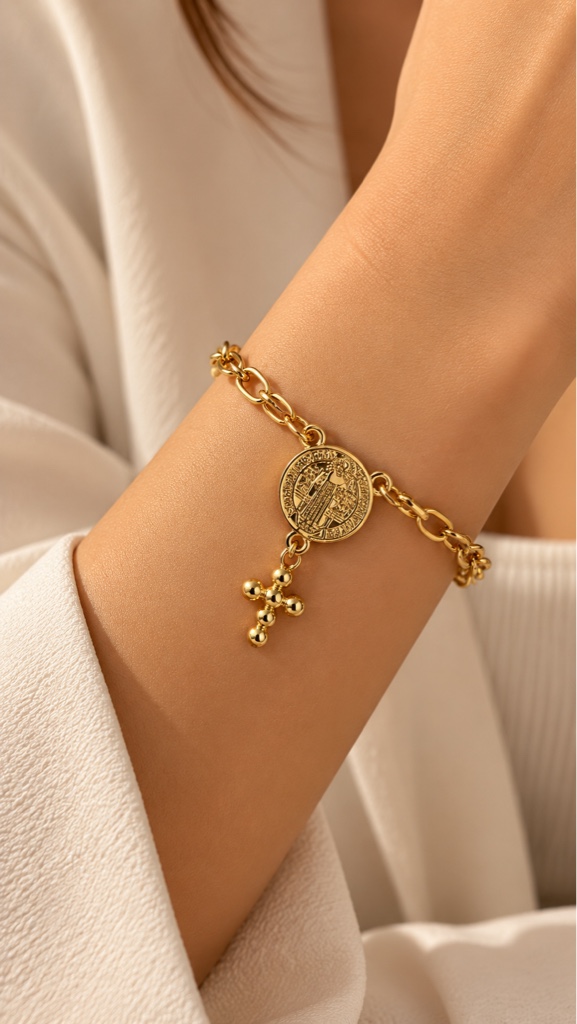 Pulsera dorada San Benito con cruz