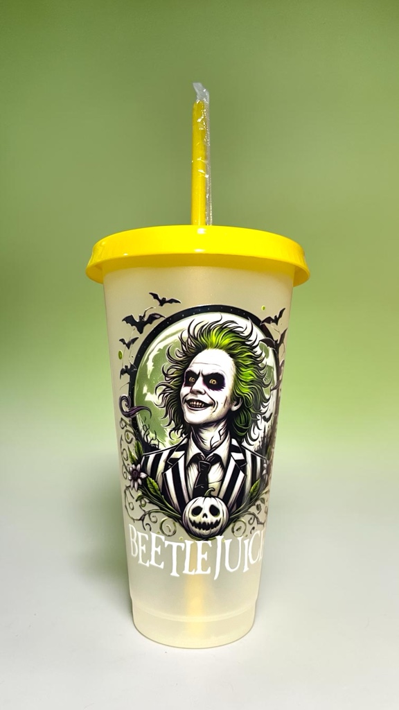 Vaso Beetlejuice con tapa y bombilla