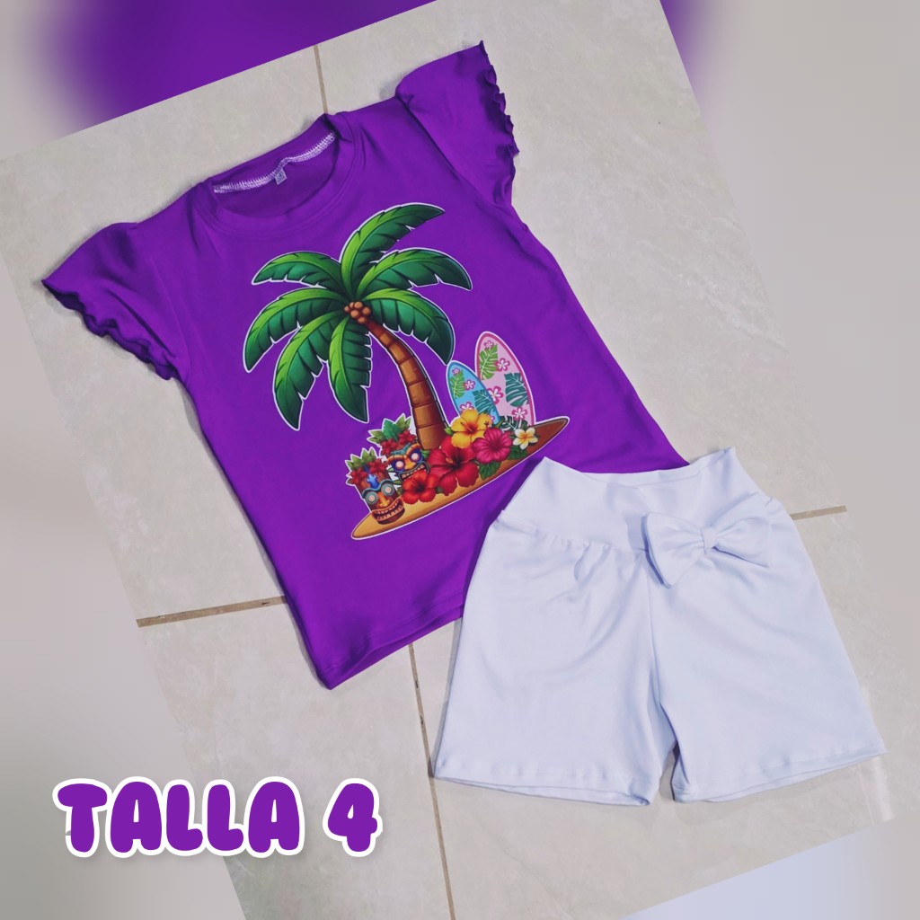 Talla 4 conjunto camiseta morada con short blanco