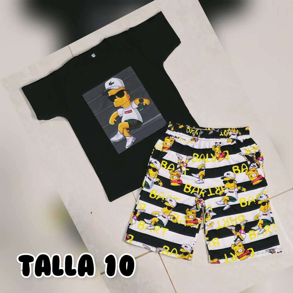 Conjunto infantil camiseta negra y short estampado Bart Simpson talla 10