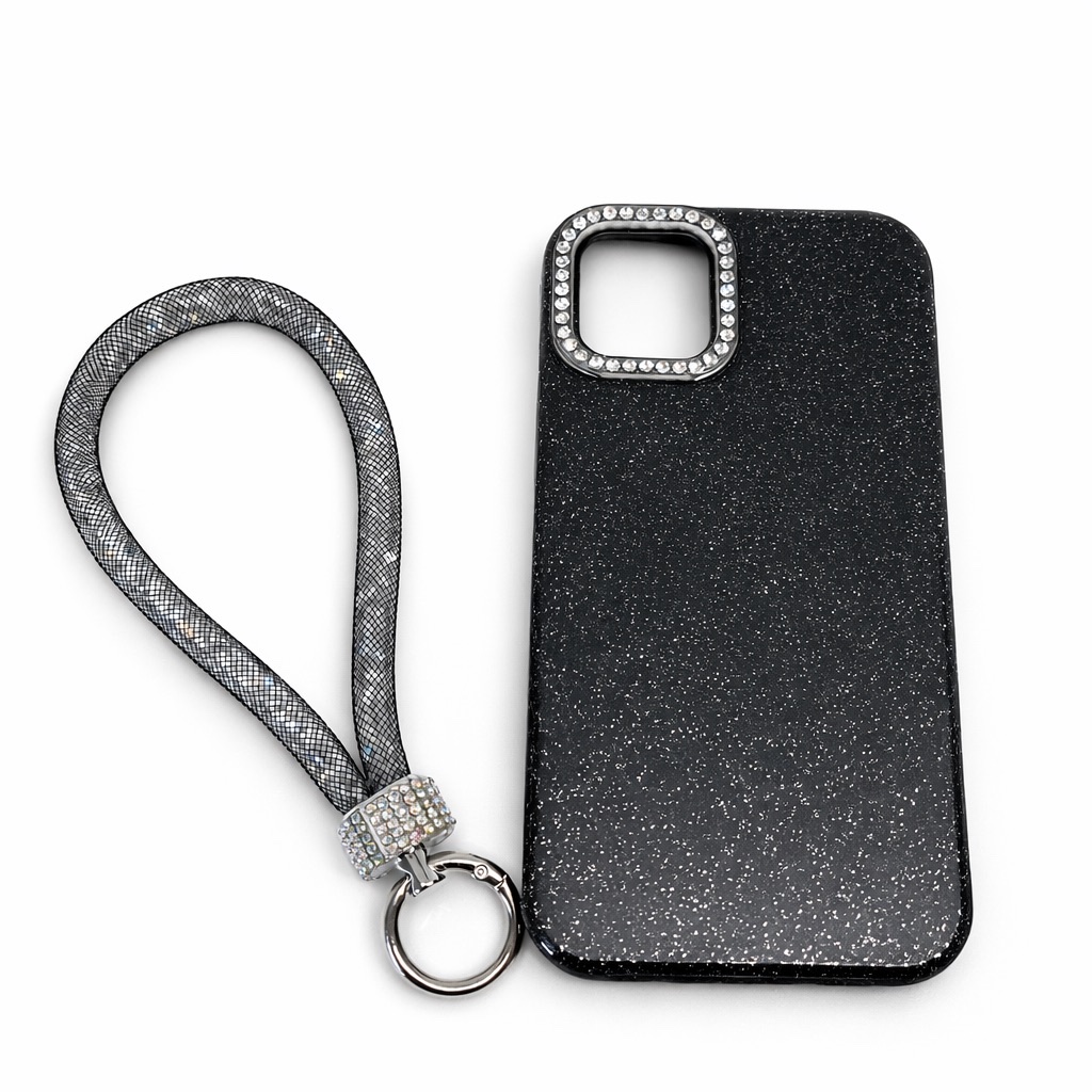 Funda negra brillante y glitter con correa
