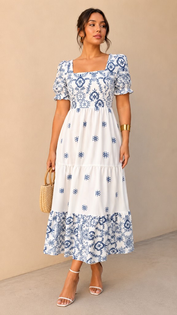 Vestido blanco azul estampado