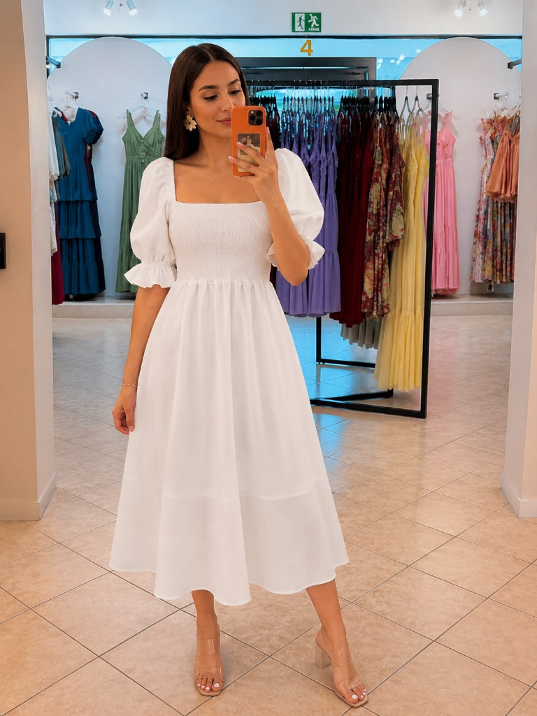 Vestido blanco fruncido manga abullonada