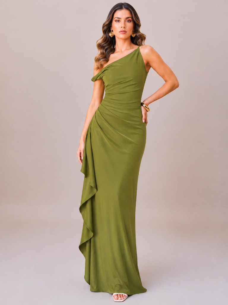 Vestido verde olivo drapeado lateral