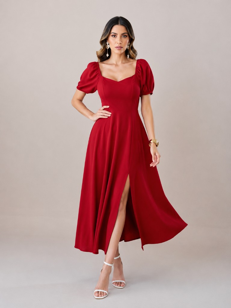 Vestido rojo satinado con manga pequeña abullonada.