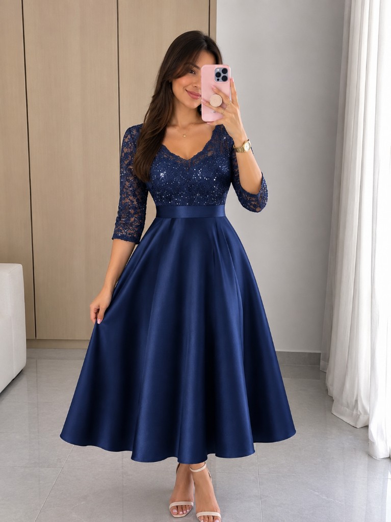 Vestido encaje falda amplia satinada