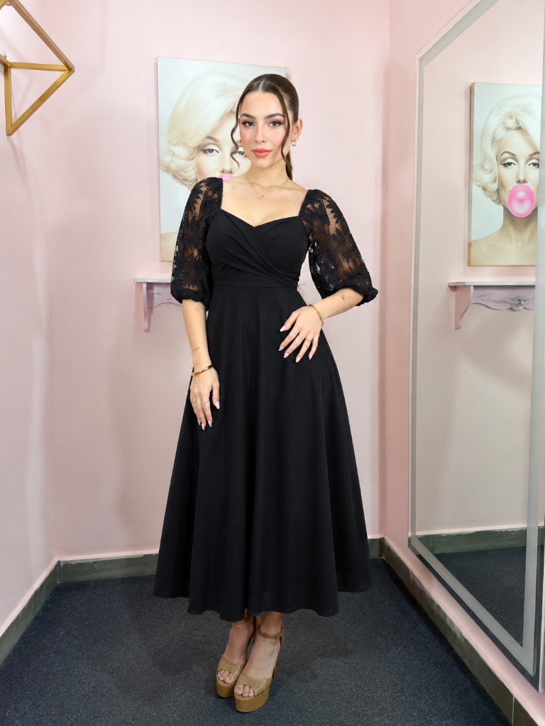 Vestido negro de encaje manga abullonada