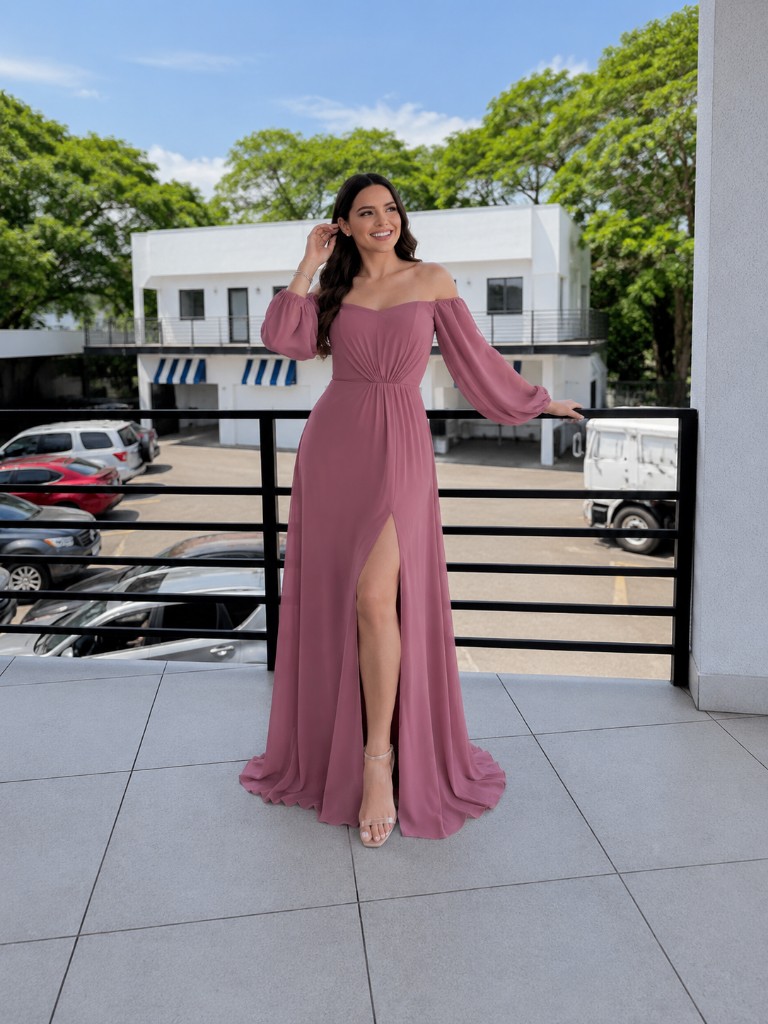 Vestido rosa manga larga con abertura lateral