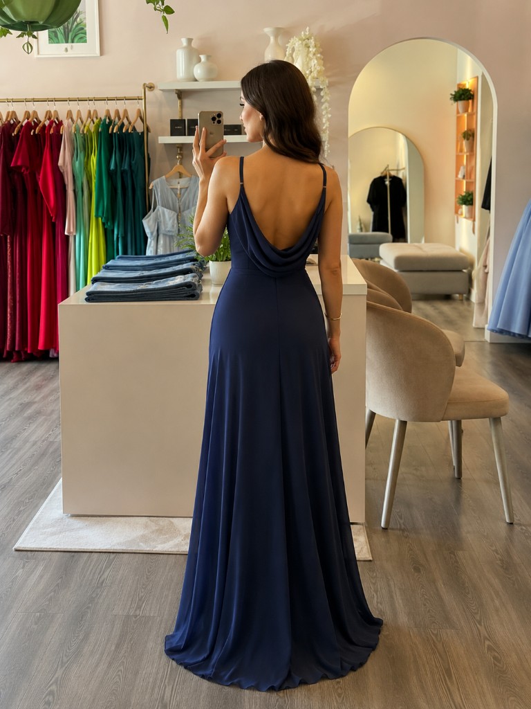 Vestido azul marino tirantes ajustables drapeado