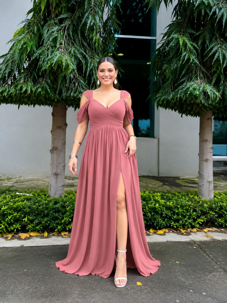 Vestido rosa drapeado off-shoulder