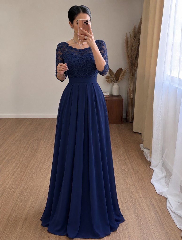 Vestido azul de encaje manga 3/4