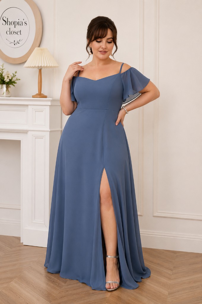 Vestido azul neblina celeste off-shoulder