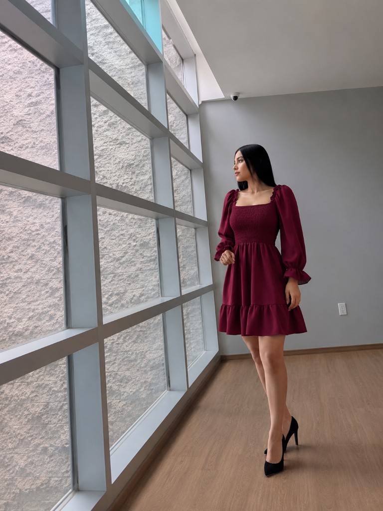 Vestido rojo burdeos fruncido manga abullonada larga