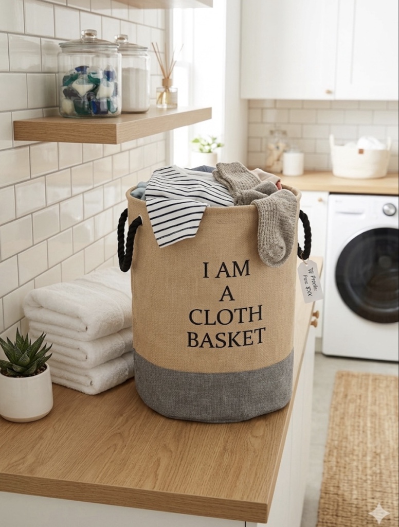 Canasto de tela beige y gris