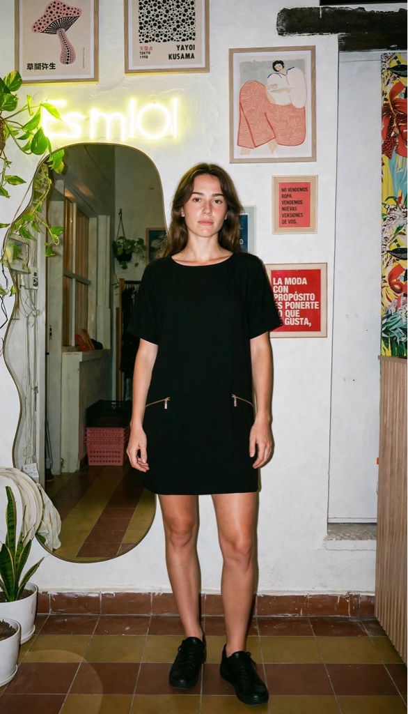 Vestido negro corto con cierre en frente