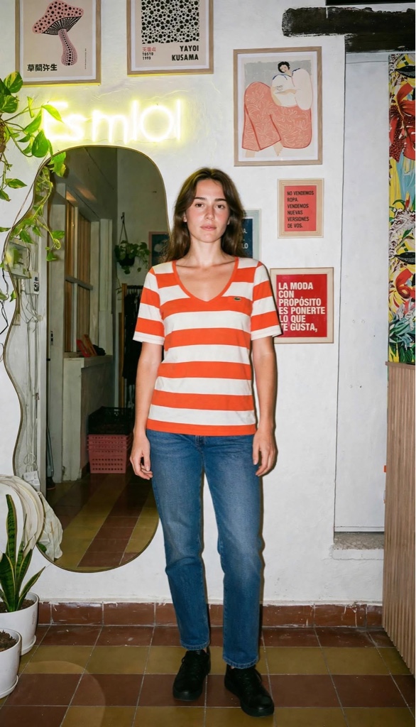 Remera rayada lacoste naranja y blanca