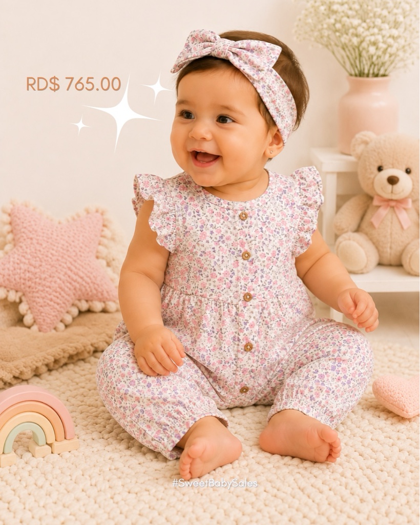 Jumpsuit Rosas Girl  + Headwarp- 9M Carters