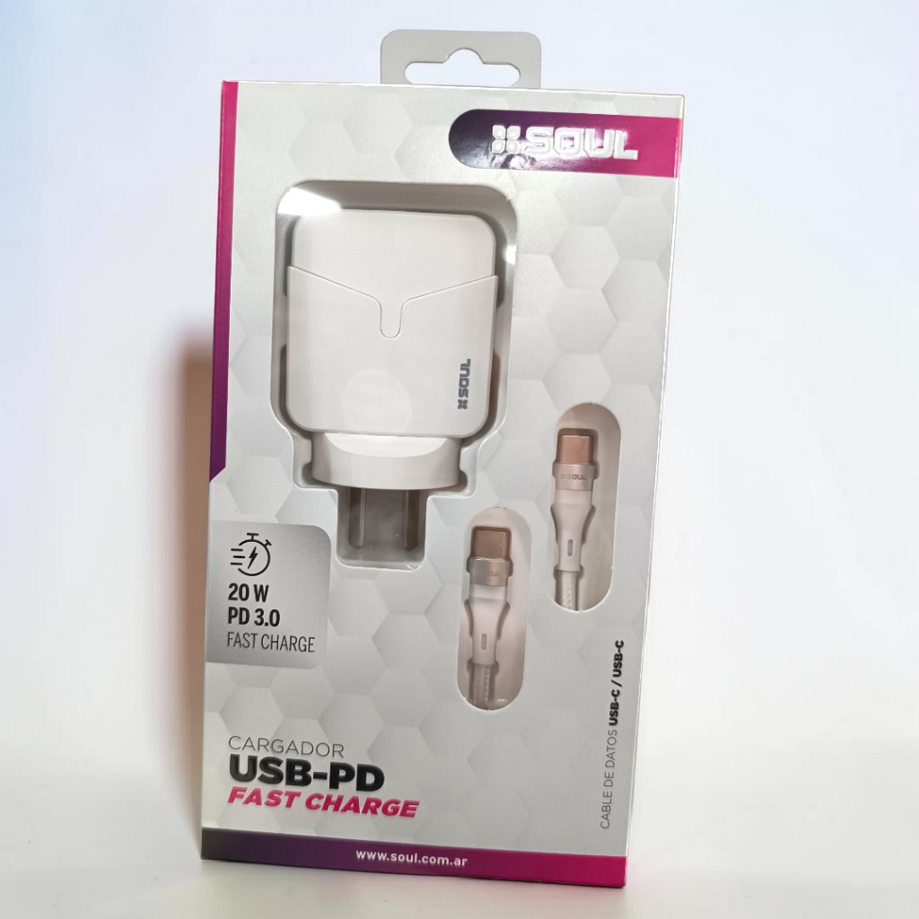 CARGADOR 3.0 CARGA RAPIDA ENTRADA USB+C 20W C/CABLE TIPO C A TIPO C - SOUL