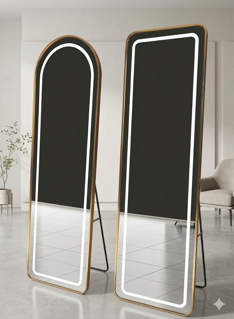 Espejo de piso con luz led rectangular y curvo