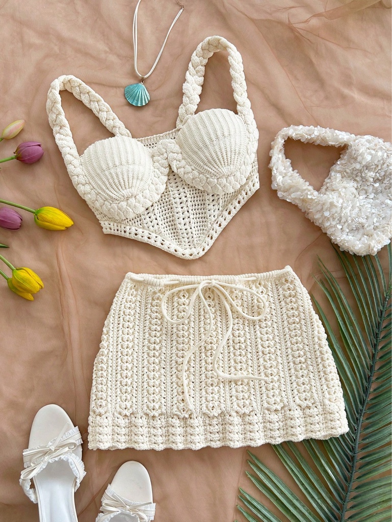 Set playero crema tejido