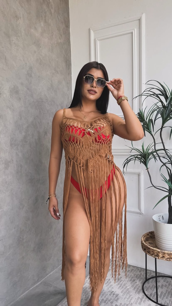 Vestido playero cafe flecos